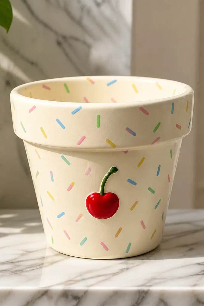 A cream pot covered in short rainbow sprinkle strokes (pink, blue, green, yellow) and one glossy-looking red cherry with a small green stem on the front.