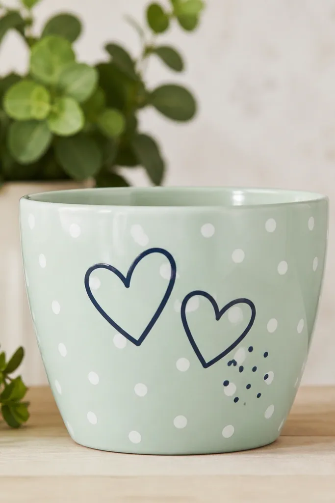 A mint-green pot with evenly spaced white polka dots, plus two thick navy outline hearts on the front and a small navy dot cluster under one heart.