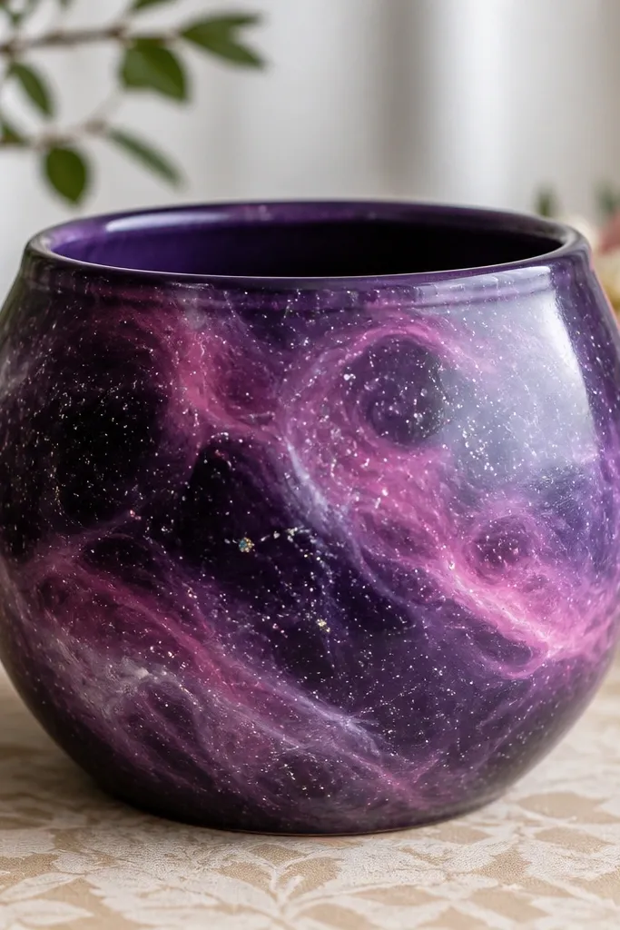 A dark purple pot with lighter purple and pink swirling nebula clouds, plus white star dots and a few tiny silver speckles.