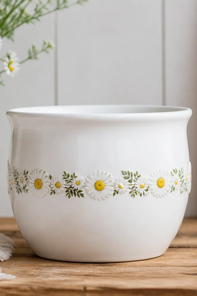 A white pot with a horizontal band of daisies: white petals, yellow centers, and tiny green leaves, spaced evenly around the middle.