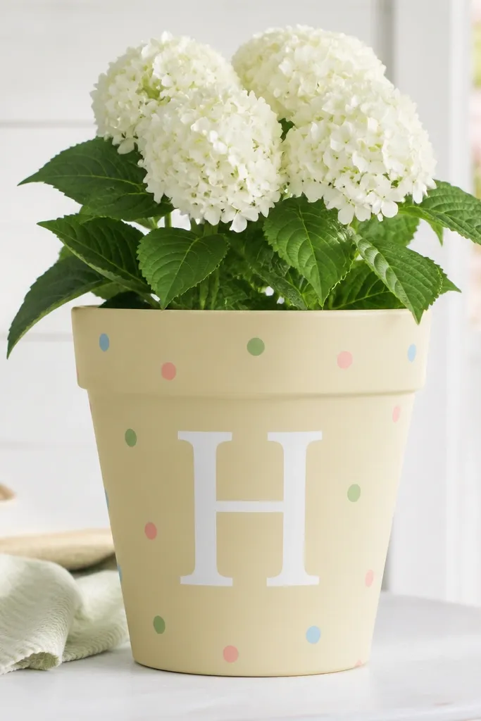 A pastel yellow pot with a single large white monogram letter on the front and scattered confetti dots in pink, blue, and green around it.