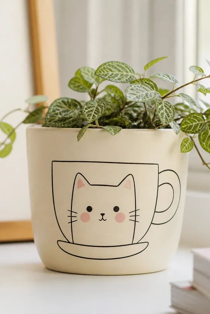 A light beige pot with a simple cartoon cat face framed by a painted teacup shape, including blush pink cheeks and small whisker lines.
