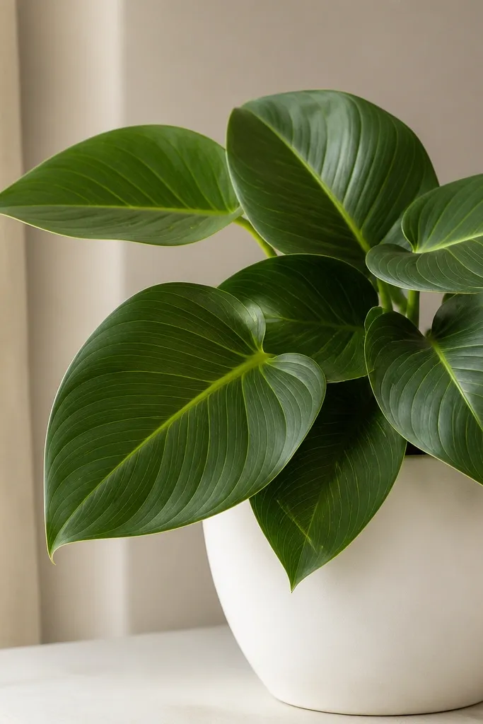 A white pot with large green tropical leaves, each leaf having thin lime-green veins; a few leaves overlap near the rim.