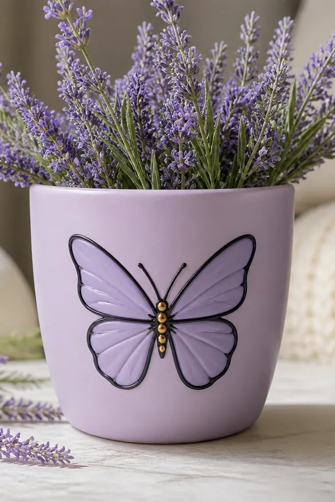 A pale lavender pot with a black butterfly outline on the front, filled with light purple wing shapes and small metallic gold dots near the body.