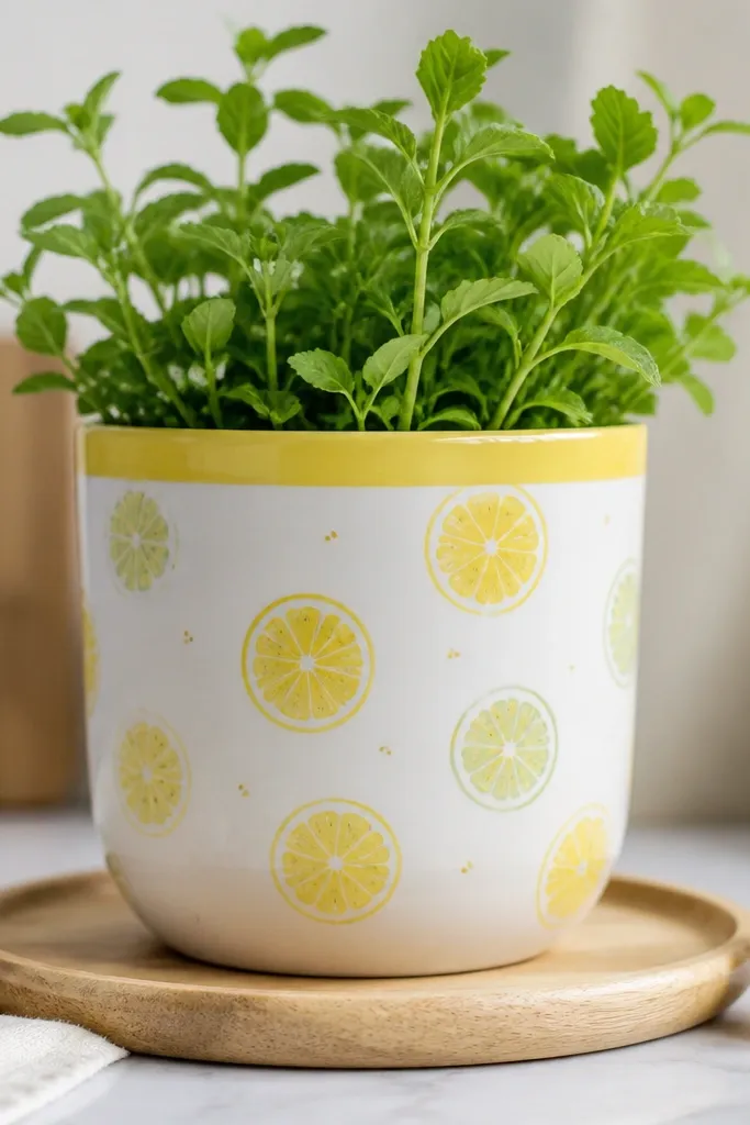 A white pot with a bright yellow rim band and scattered lemon slice circles in yellow and pale green, plus tiny dot seeds in the center.