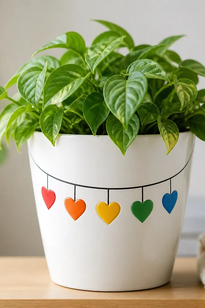 A white pot with a curved line like a garland string and multiple hearts hanging from it in red, orange, yellow, green, and blue.