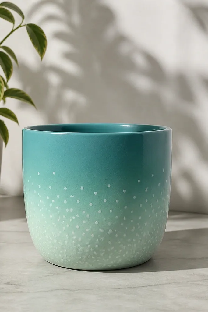 A pot with a teal-to-mint ombre gradient, plus tiny white bubble dots scattered around the lower half.