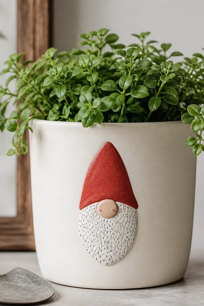 A cream pot with a simple garden gnome face in the center: a red hat, white beard with stippled texture, and small rosy nose dots.