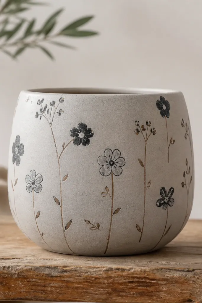 A light gray pot with simple doodle-style flowers in black and gray, plus thin brown stems and tiny leaf marks; the design is scattered like a sketch.