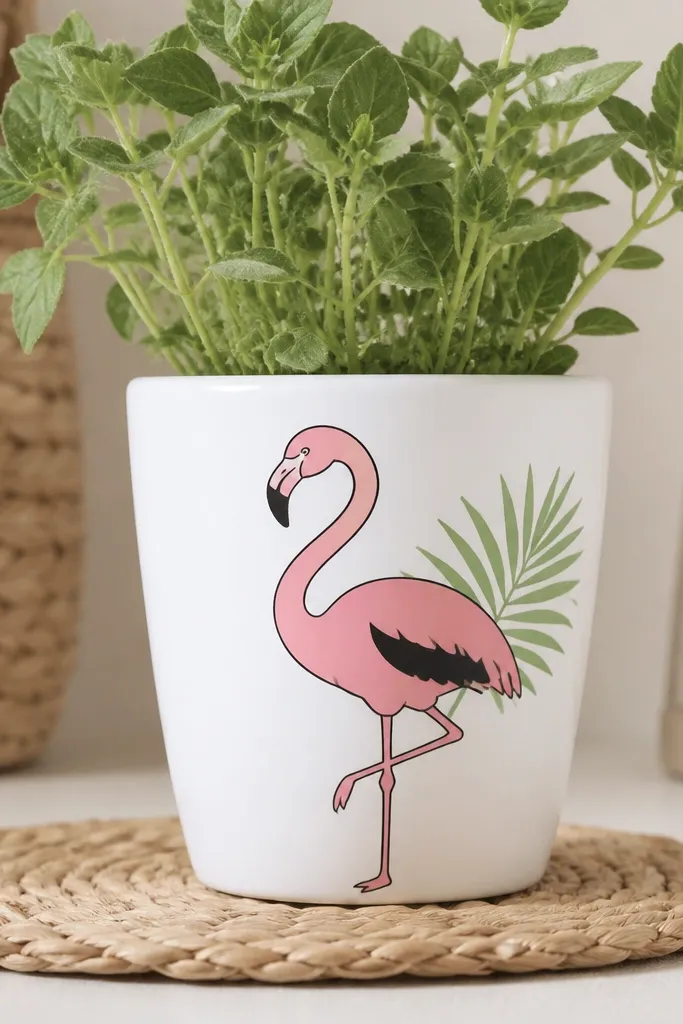 A white pot painted with a pink flamingo facing sideways, black wing patch, a small green palm leaf behind it, and a thin black outline around the flamingo silhouette.