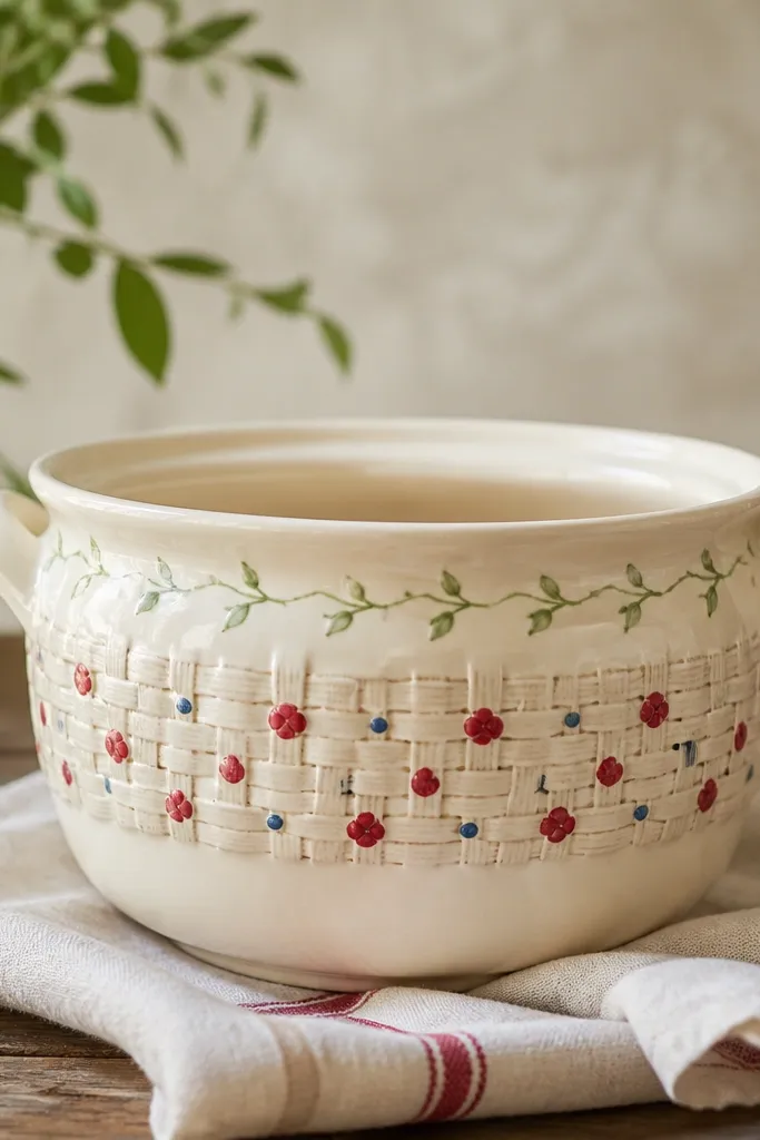 A cream pot with a painted basket weave band, red berry dots across the band, and tiny blue dots sprinkled between berries; green stems at the top edge.