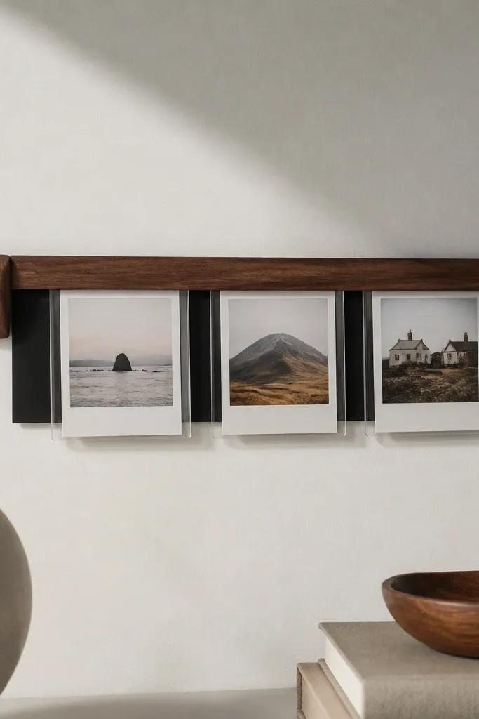 A small walnut wood rail mounted with removable wall clips, holding three mini photos in clear sleeves. The photos are spaced evenly, with a matte black strip behind them.