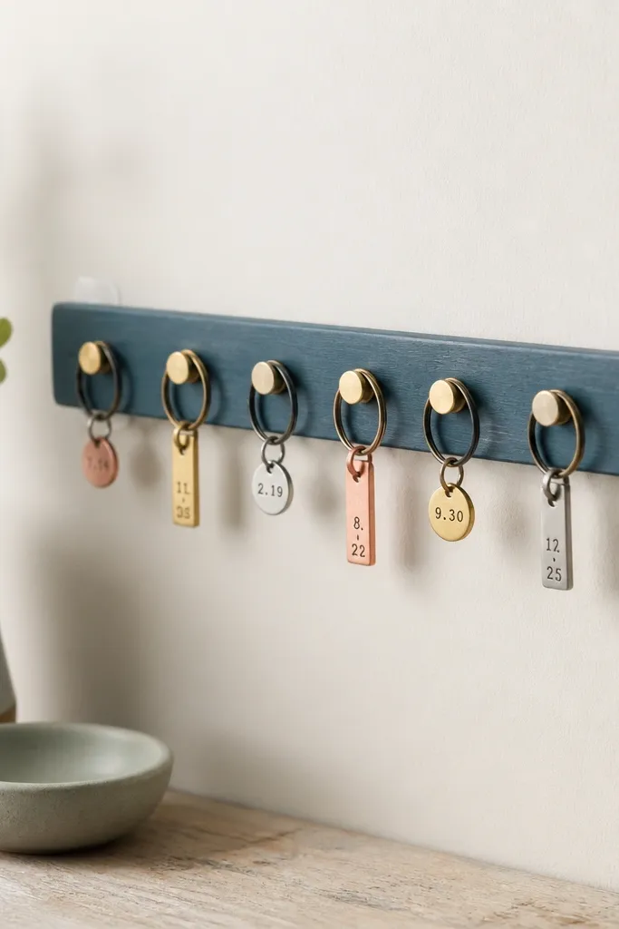 A narrow painted wood strip with a line of small magnets holding metal keyring charms. Each charm has a tiny stamped date and the strip is held up by removable adhesive mounts.