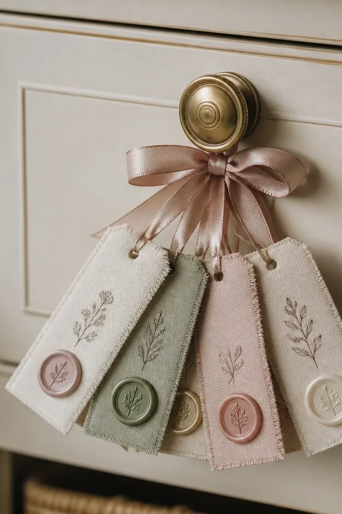 A set of five small fabric-wrapped tags tied to a removable drawer pull using a satin ribbon. Each tag has a short handwritten message and a small wax-seal sticker.