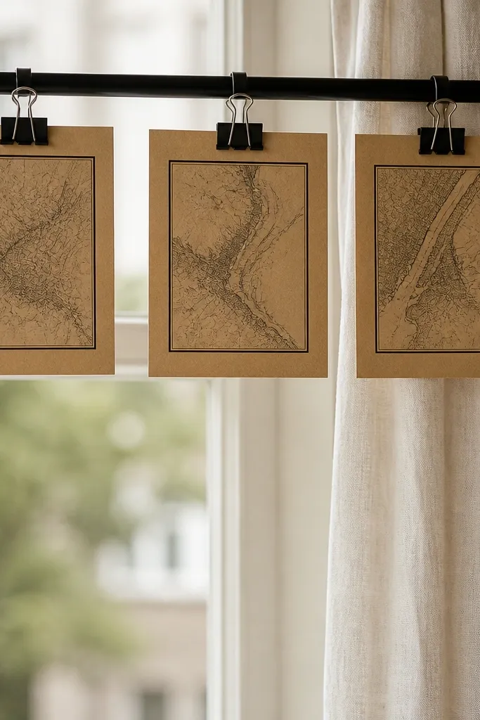 A set of three small framed paper map coordinates clipped to a window curtain rod using metal binder clips. The frames are kraft paper with thin black borders.