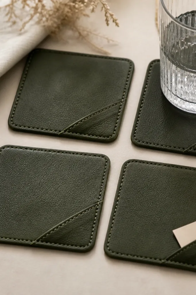 Four square leatherette coasters with stitched edges, each with a small stitched pocket corner. One coaster has a tiny hidden date tag inside the pocket.