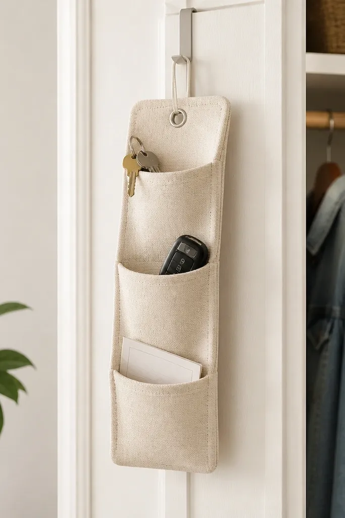 A small fabric organizer with three pockets hanging from a closet door using a removable over-the-door hook. It holds keys, a key fob, and a folded note.