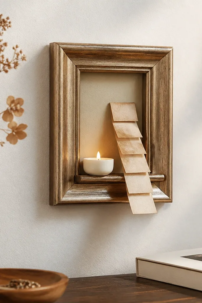 A small picture frame turned into a mini shelf with a removable adhesive stand. Inside sits a tiny candle and a strip of paper with dates, each folded like a countdown.