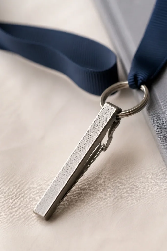 A tie bar made from a thin metal strip with a clip mechanism and tiny engraved letters. It hangs from a key ring on a ribbon.