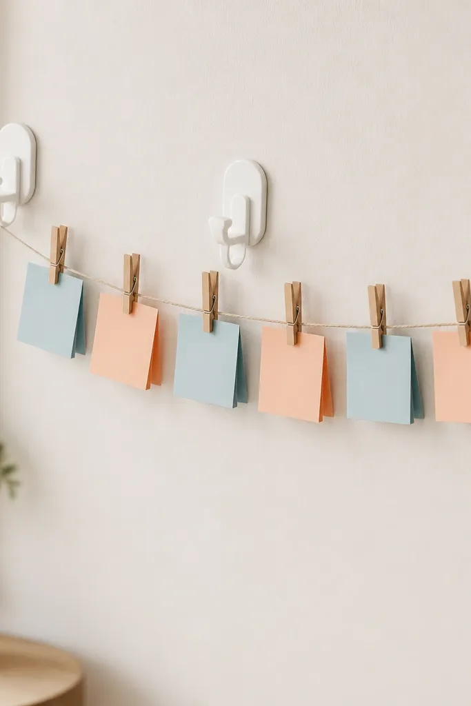 Three removable hooks holding a taut string with small clothespins. Each clothespin holds a mini folded note in alternating colors.