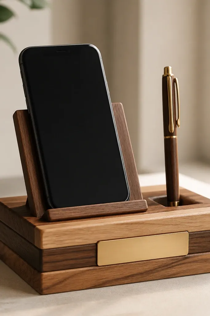 A small desk dock made from stacked wood blocks with a removable adhesive backing, holding a phone stand and a pen. A nameplate engraved with the anniversary date sits on the front.
