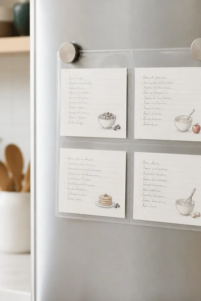 A set of four recipe cards in a small clear sleeve attached to the fridge with strong removable magnets. Each card has handwritten ingredients and a small doodle.