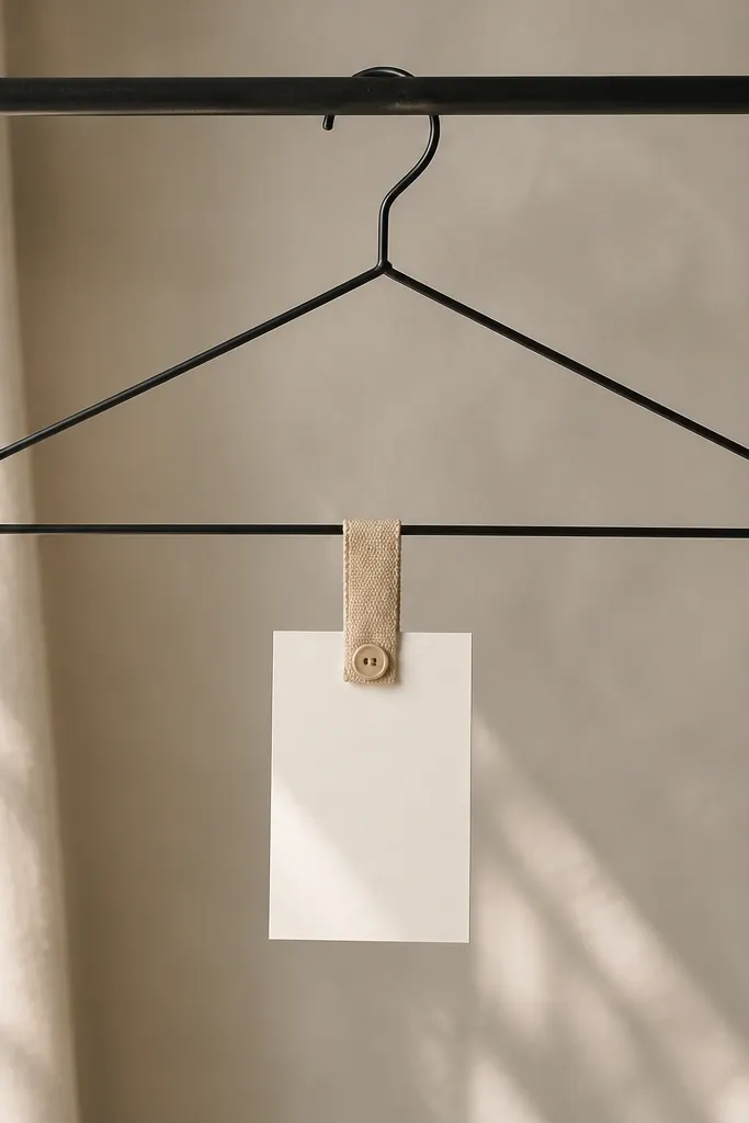 A single hanger with a fabric loop holding a small card. The card is attached with a tiny button and the hanger is a standard black metal style.