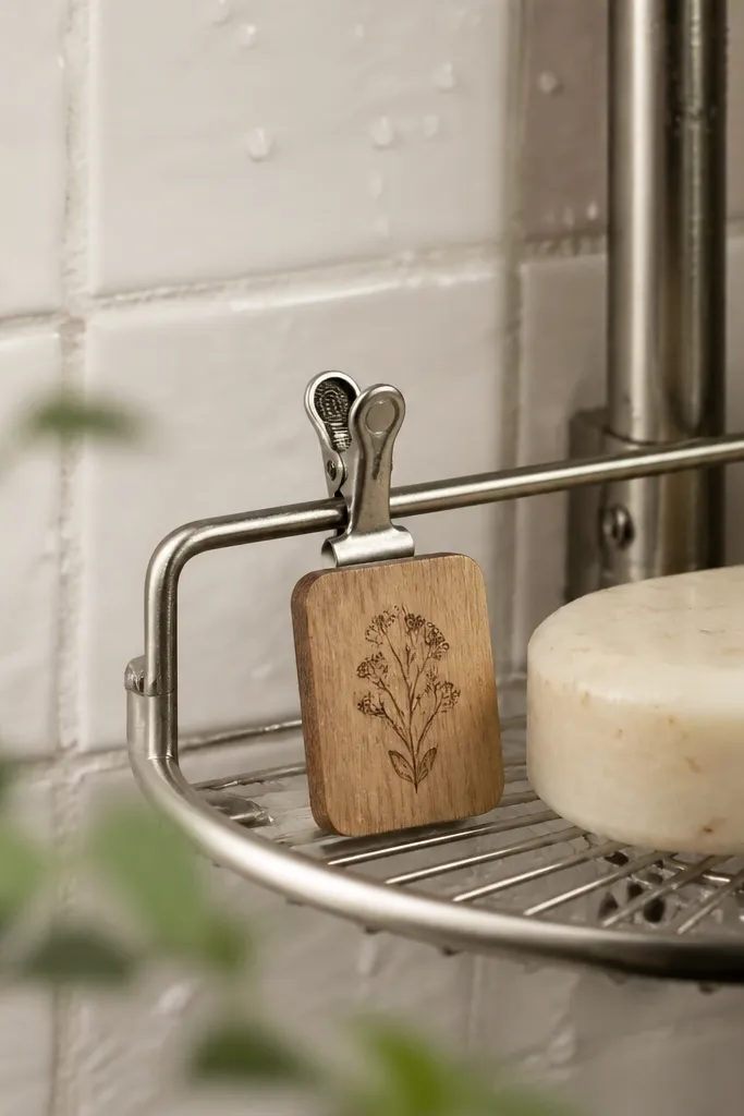 A small wooden tag clipped to a shower caddy using a spring clip, with a soap bar placed beside it. The tag has a date burned into it.