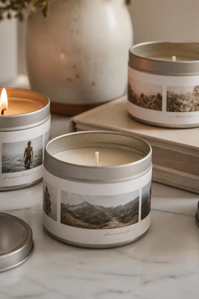 A set of candle tins with removable paper labels wrapped around the sides. Each label has a photo strip and a handwritten date.