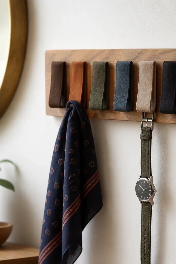 A small wood board held up by removable adhesive mounts with a row of suede tie clips. A scarf and a watch strap hang neatly from the clips.