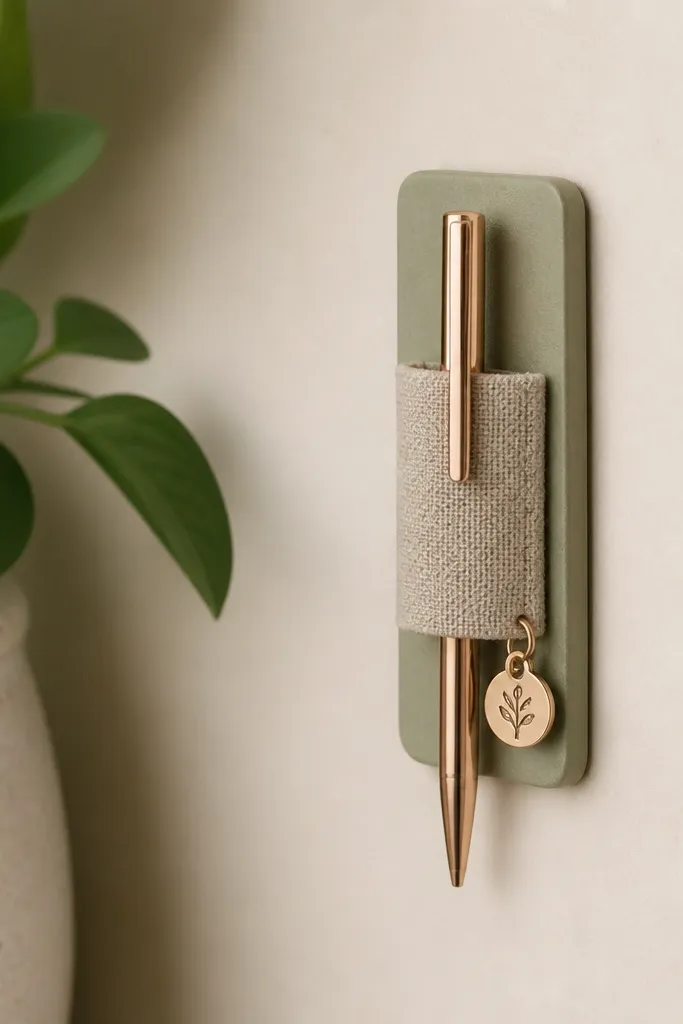A pen loop made from fabric stitched to a small board, mounted with removable adhesive. A small metal charm with the anniversary date hangs from the loop.
