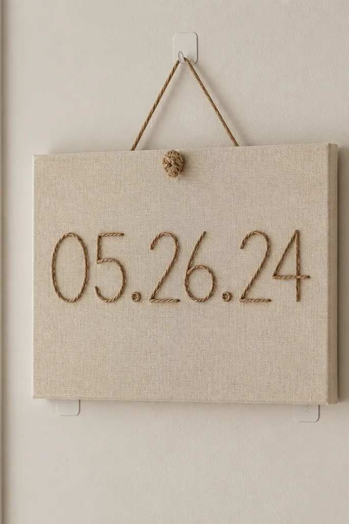 A small canvas board with a date spelled in simple string lines. The board is mounted with removable adhesive pads and has a visible knot at the top.