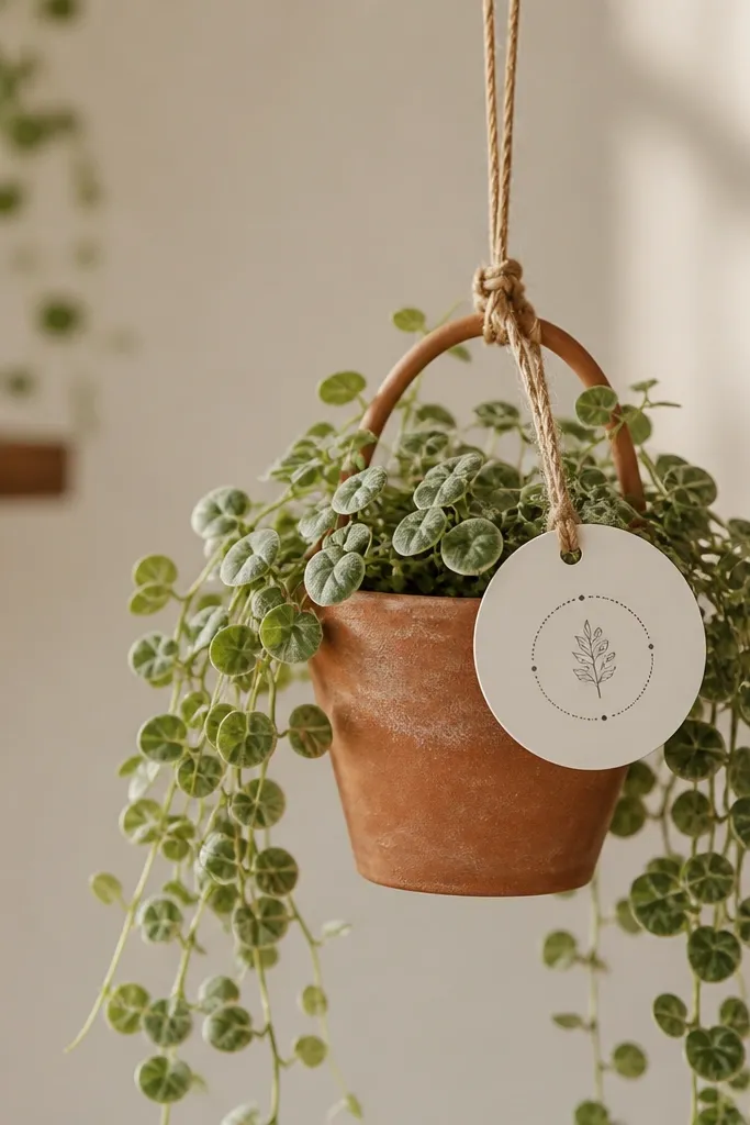 A hanging plant with a small terracotta pot. A removable label made from waterproof vinyl is tied to the pot handle with twine, showing a date and small coordinates.