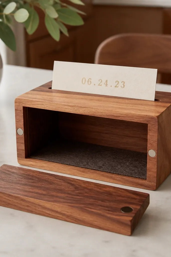 A small cedar wood keepsake box with a warm honey-brown finish sits on a kitchen table. The lid is flush and has a thin magnetic strip hidden under a strip of dark walnut veneer. A slim date card slides into a narrow slot on the lid edge, with the anniversary date stamped in soft gold ink. The box has a removable front panel held by two strong magnets, showing a clean interior and a felt-lined base.