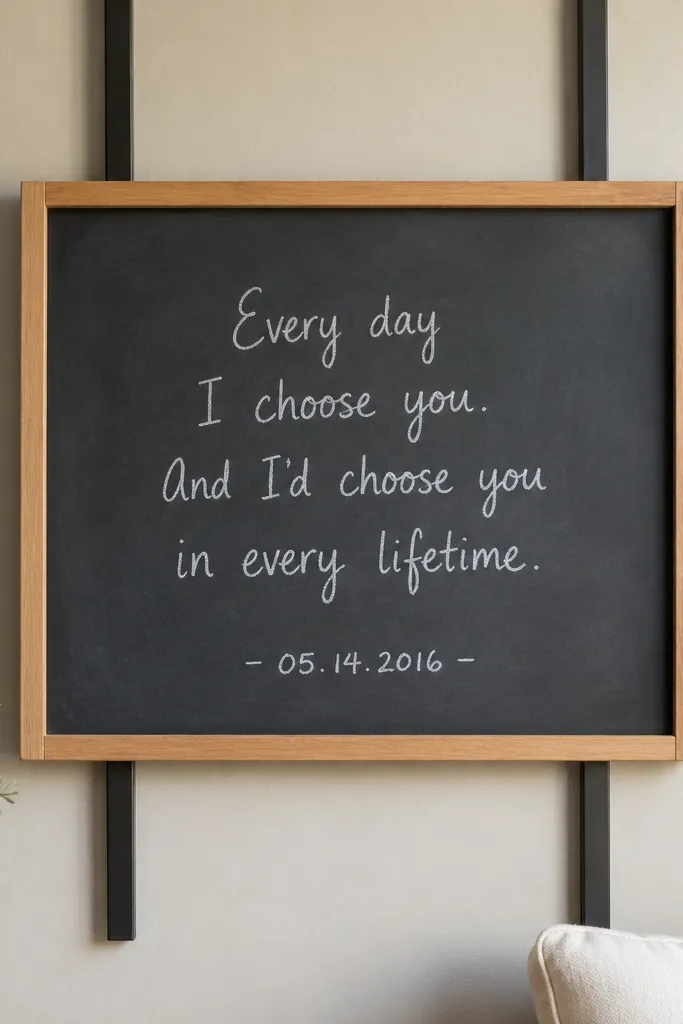 A rectangular chalkboard tile painted deep slate gray hangs on a wall using two thin magnetic rails. The rails are black metal strips with small rounded edges, spaced about the width of a dinner plate. A handwritten quote sits centered in white chalk, with the anniversary date written in a smaller line near the bottom. The tile has a simple wooden trim frame in light oak, and a thin chalk holder cup is taped to the side with clear removable tape.