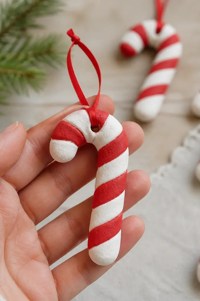 A small salt dough candy-cane ornament painted in crisp red and white stripes, matte finish, with a thin red ribbon loop at the top. The background shows a few similar ornaments on a tabletop.