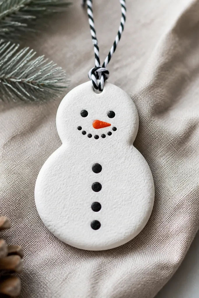 A snowman salt dough ornament with a round head and body, painted white with a black button row and a small orange carrot nose, matte finish. A loop of black-and-white twine is tied at the top.