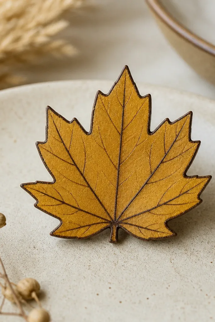 A maple leaf ornament painted mustard-gold with burnt umber vein lines and a thin dark outline. Matte varnish catches soft light; no ribbon visible.