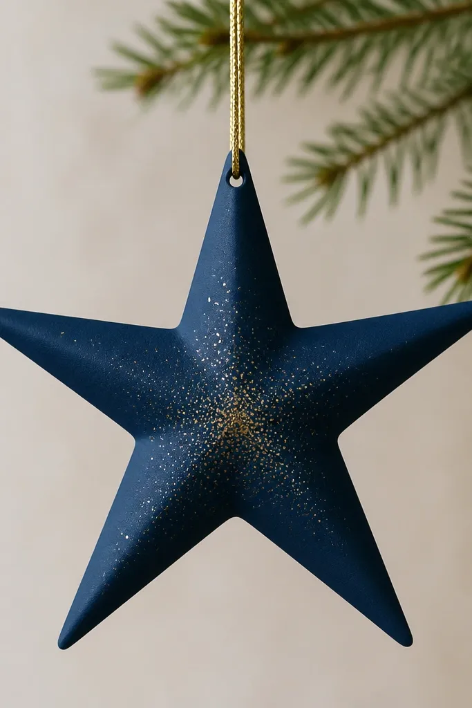 A five-pointed starburst ornament painted deep navy, with tiny gold speckles clustered near the center, matte finish. A small gold cord hangs through a top hole.