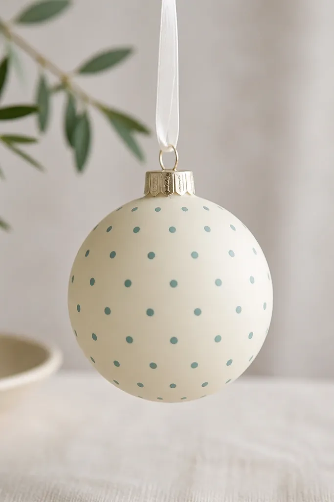 A round ornament painted pale cream with evenly spaced small teal polka dots. A simple loop of white ribbon is attached at the top.