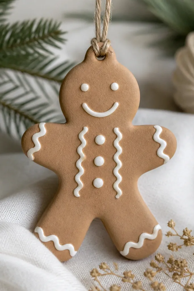 A gingerbread man ornament painted light brown with white icing lines on the arms, legs, and shirt front. Matte surface; a brown twine loop sits at the top.