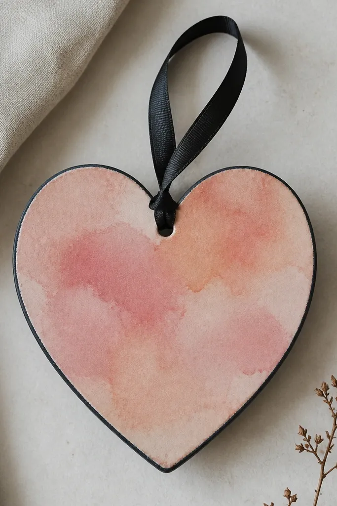 A heart-shaped ornament with a soft watercolor-like wash in dusty pink and peach, outlined in dark charcoal. Matte finish; a thin black ribbon loop at the top.