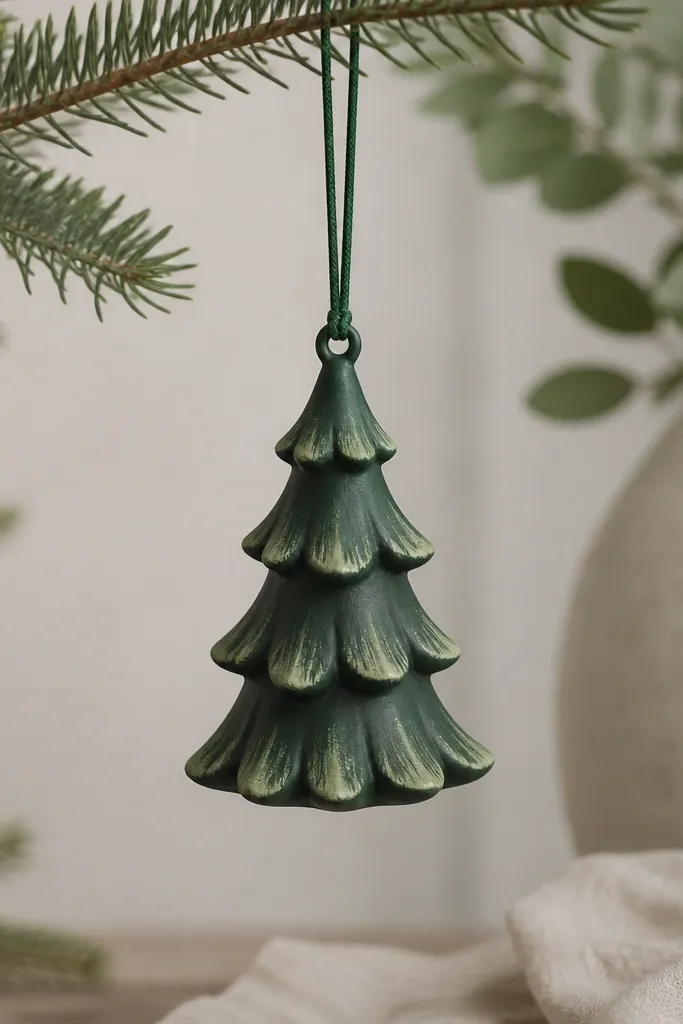 A pine tree ornament painted forest green with lighter dry-brushed highlights on the branches. Matte finish; a green cord loop.