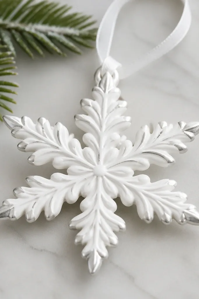 A detailed snowflake ornament painted white with thin metallic silver along the edges of each point. Matte base; silver tips catch light. A white ribbon loop is visible.