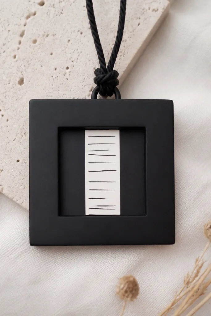 A square frame ornament in matte black with a small white strip in the center containing hand-painted tiny lines. A black twine loop is at the top.