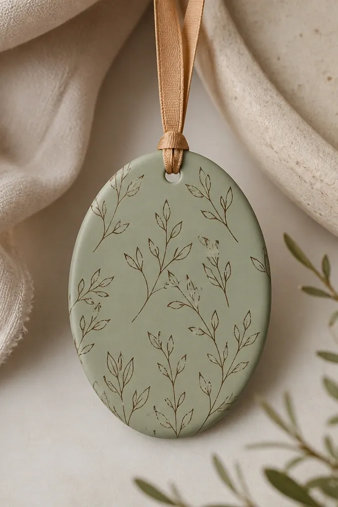 An oval ornament painted sage green with a thin brown ink sprig pattern (leaves and stems). Matte finish; a tan ribbon loop at the top.
