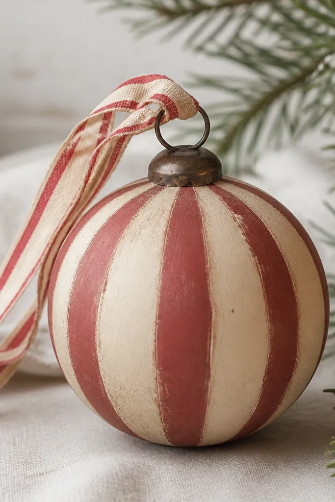 A round ornament painted with alternating muted stripes (cream and muted red) and slightly worn edges. Matte finish; a red-and-cream ribbon loop.