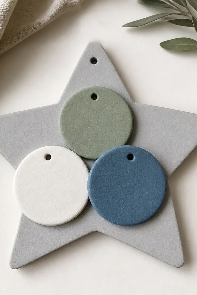 A star-shaped backer painted pale grey with three small circular salt dough ornaments layered on top, each painted a different color. Matte finish; a hole at the top for hanging.