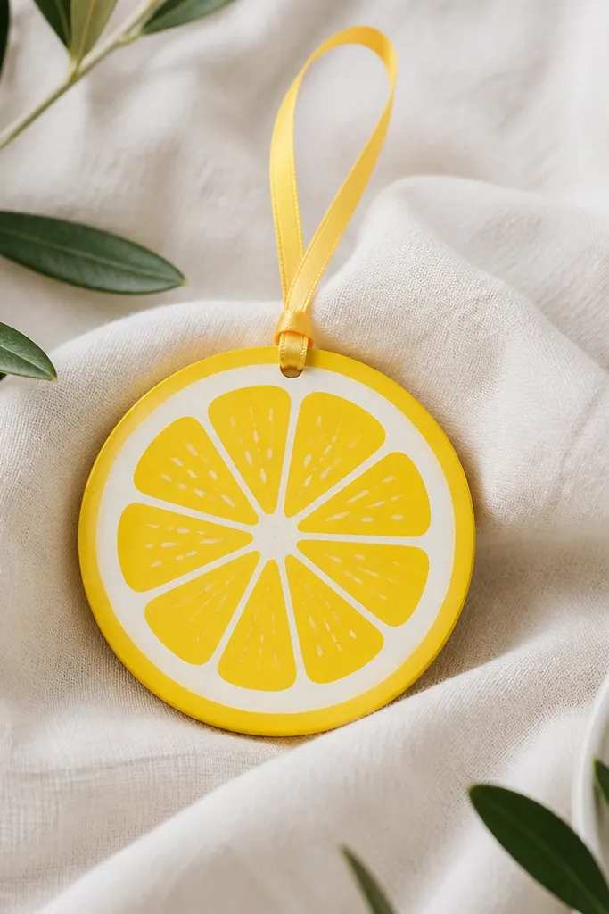 A lemon slice ornament painted bright yellow with curved white pith lines and tiny dots for seeds. Matte finish; a thin yellow ribbon loop.