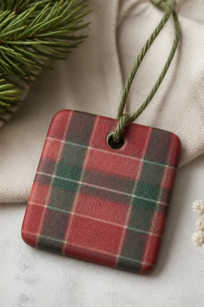 A square salt dough ornament painted in red and muted green plaid with thin intersecting lines, matte finish. A small hole at the top and green twine loop.
